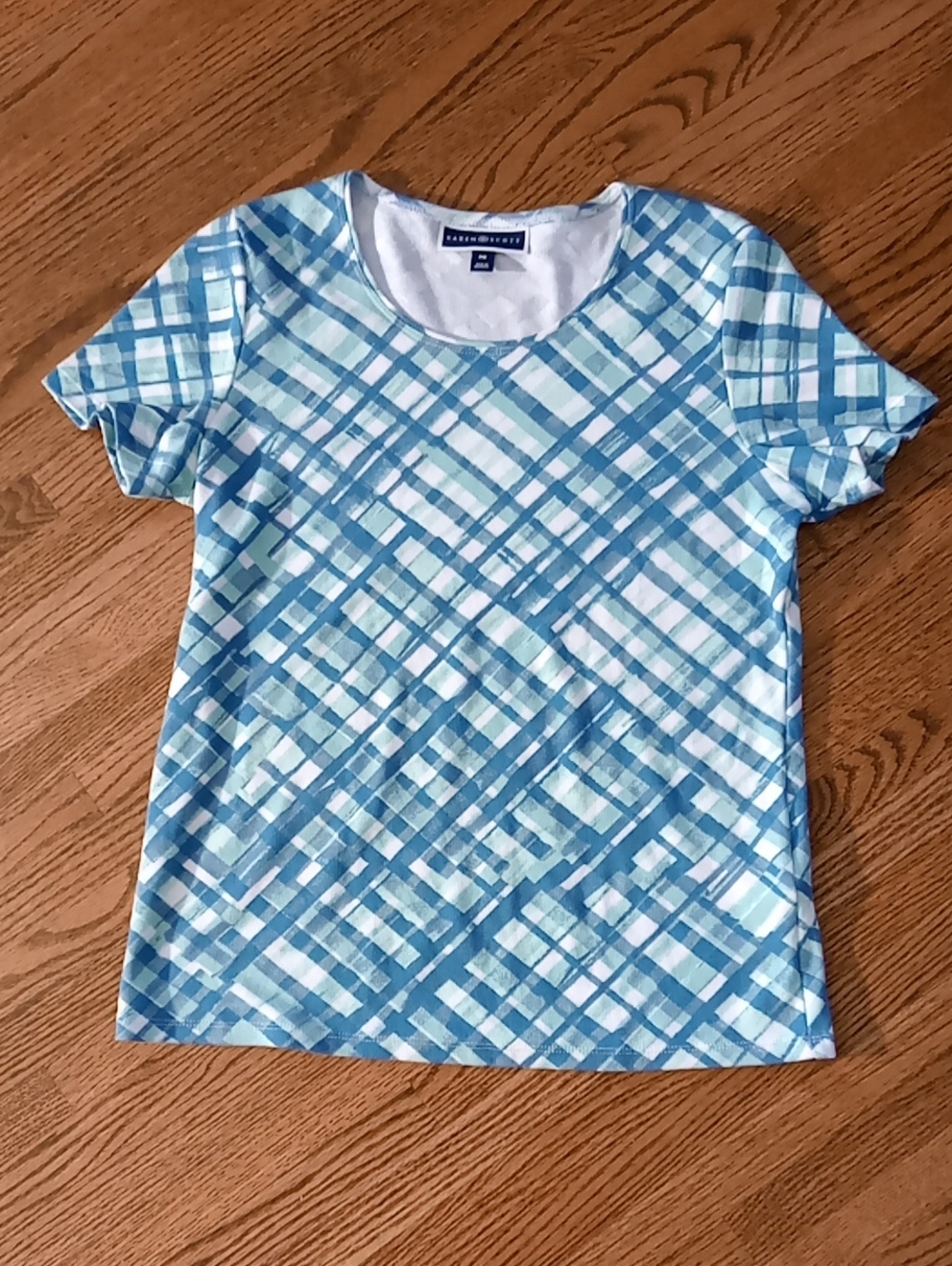 Karen Scott Aqua/Blue Plaid Short-Sleeve Tee Size MP PTP 19-20" L 24" Soft